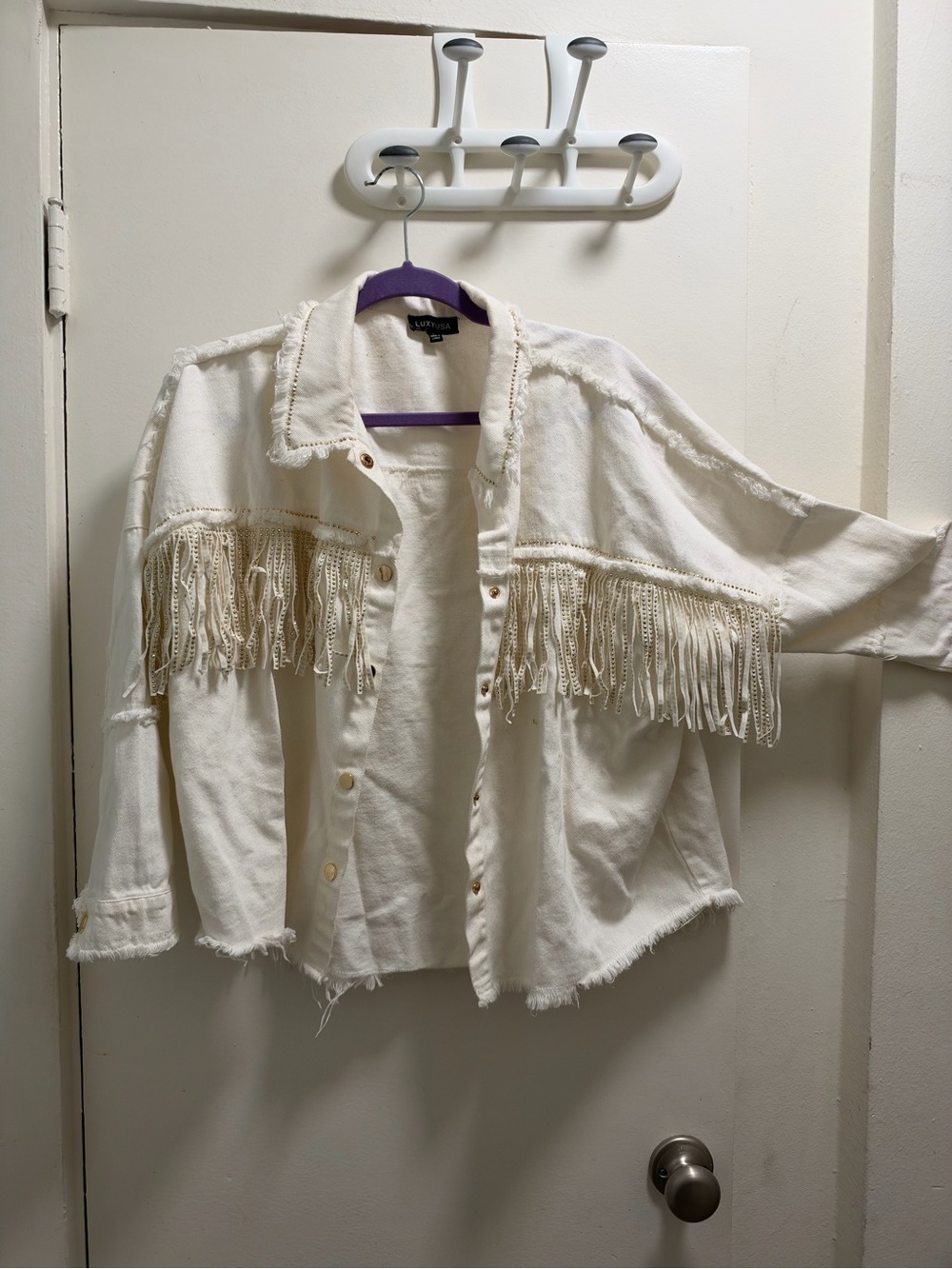 Lulu's Cream Fringe Button-Up Jean Jacket